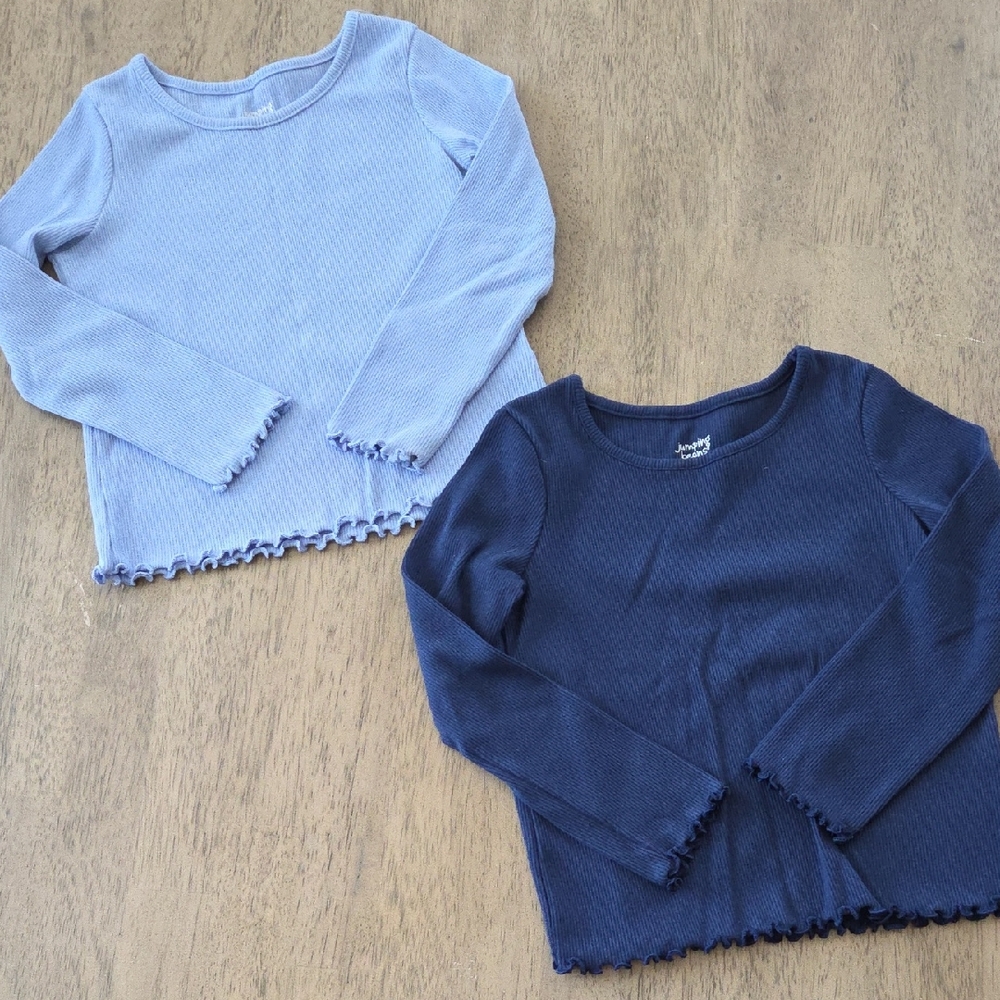 jumping beans Ribbed Ruffle Hem Long-Sleeve Tops - Navy & Light Blue